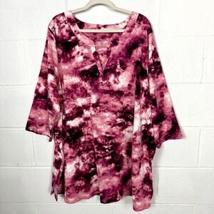 Woman Within Pink Tie-Dye Tunic Top Stretch Knit V-Neck BoHo Colorful Beachy 3X